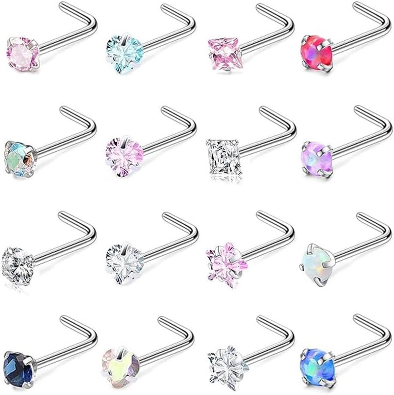 SEEDRILL Nose Rings Studs for Women 16Pcs 18g/20g Nose Studs Hypoallergenic 316L Surgical Steel Nose Piercings Jewelry 3mm CZ & Opal Nose Ring L Shape Nose Stud 20 Gauge Nose Screw Studs - Image 1